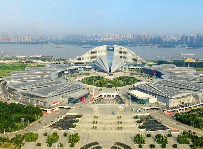 Aerial view of Wuhan International Expo Center beside the Yangtze River