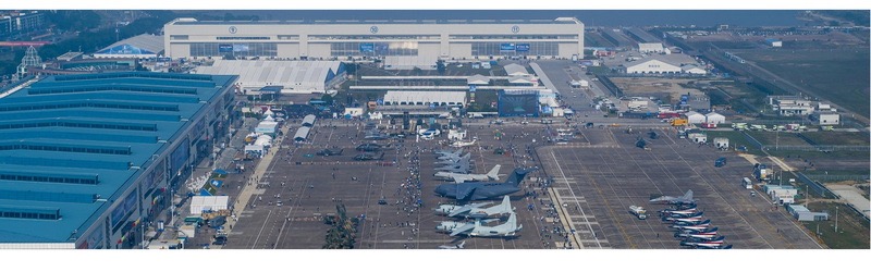Aerial view of Zhuhai International Airshow Center, exhibition halls and static aircraft display