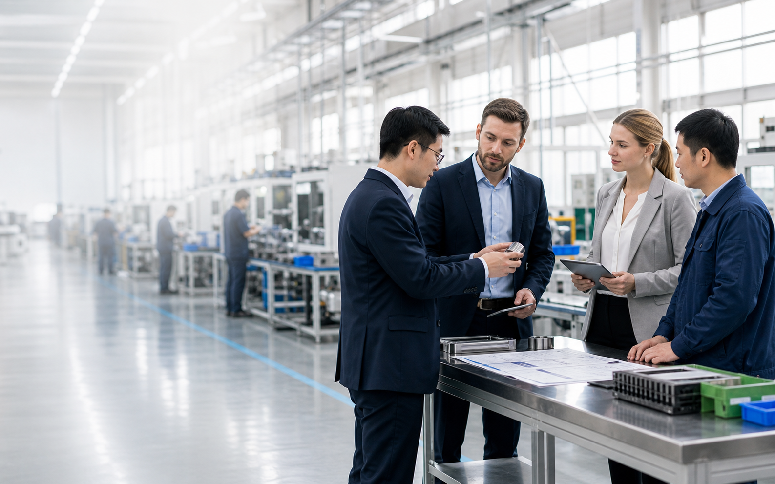 International buyers visiting a modern manufacturing facility in China