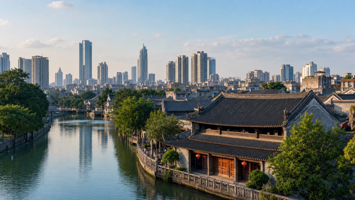 Foshan, China skyline and business-travel landmarks
