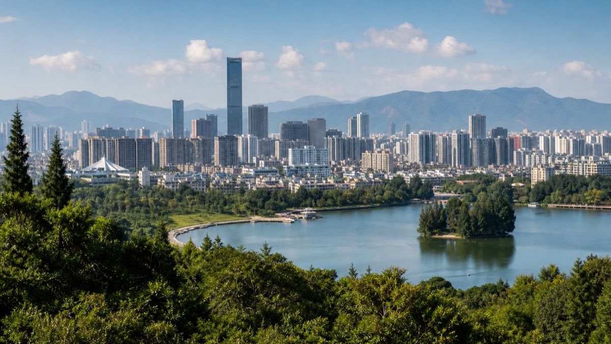 Kunming, China skyline and business-travel landmarks
