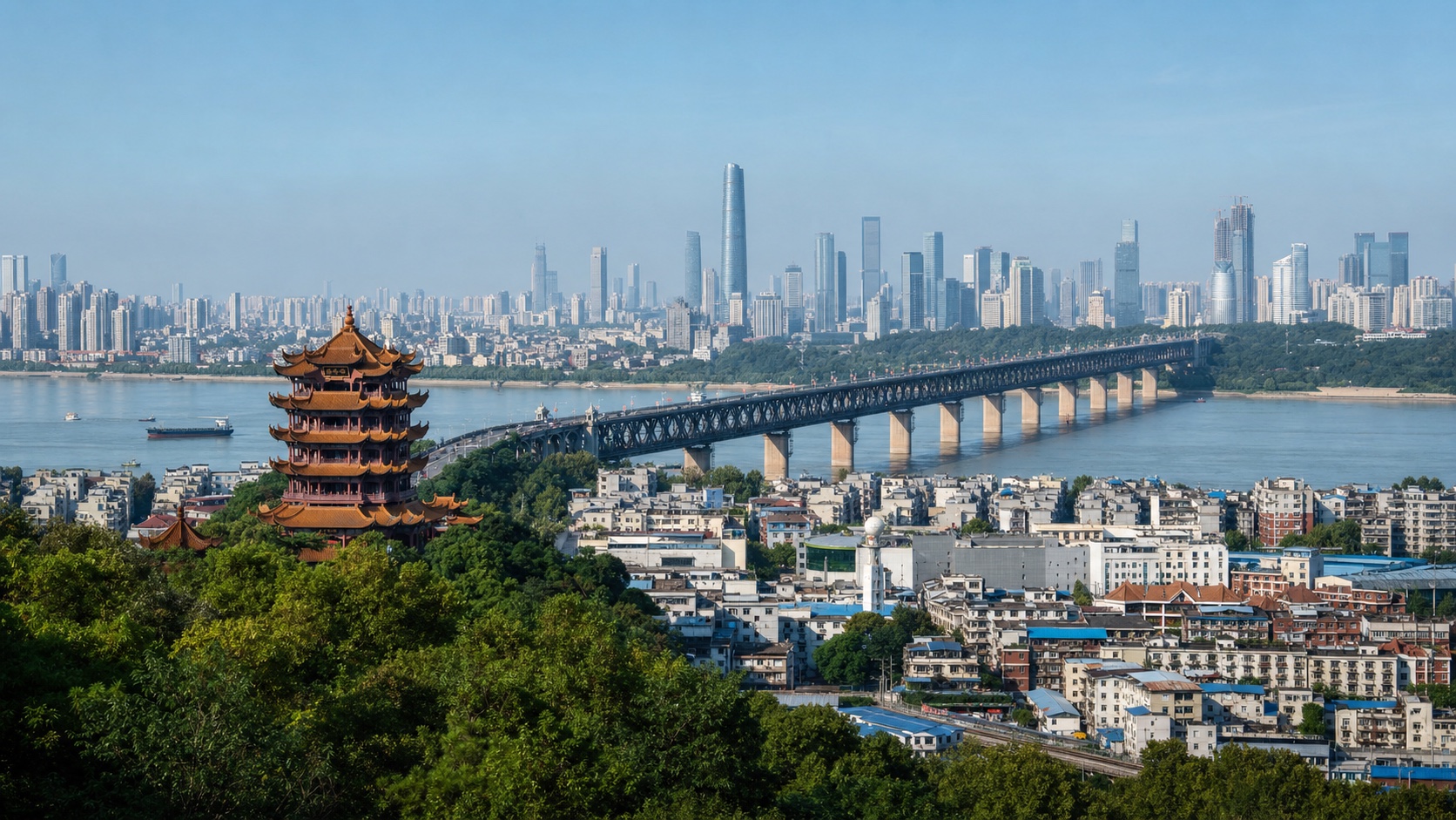 Wuhan, China skyline and business-travel landmarks