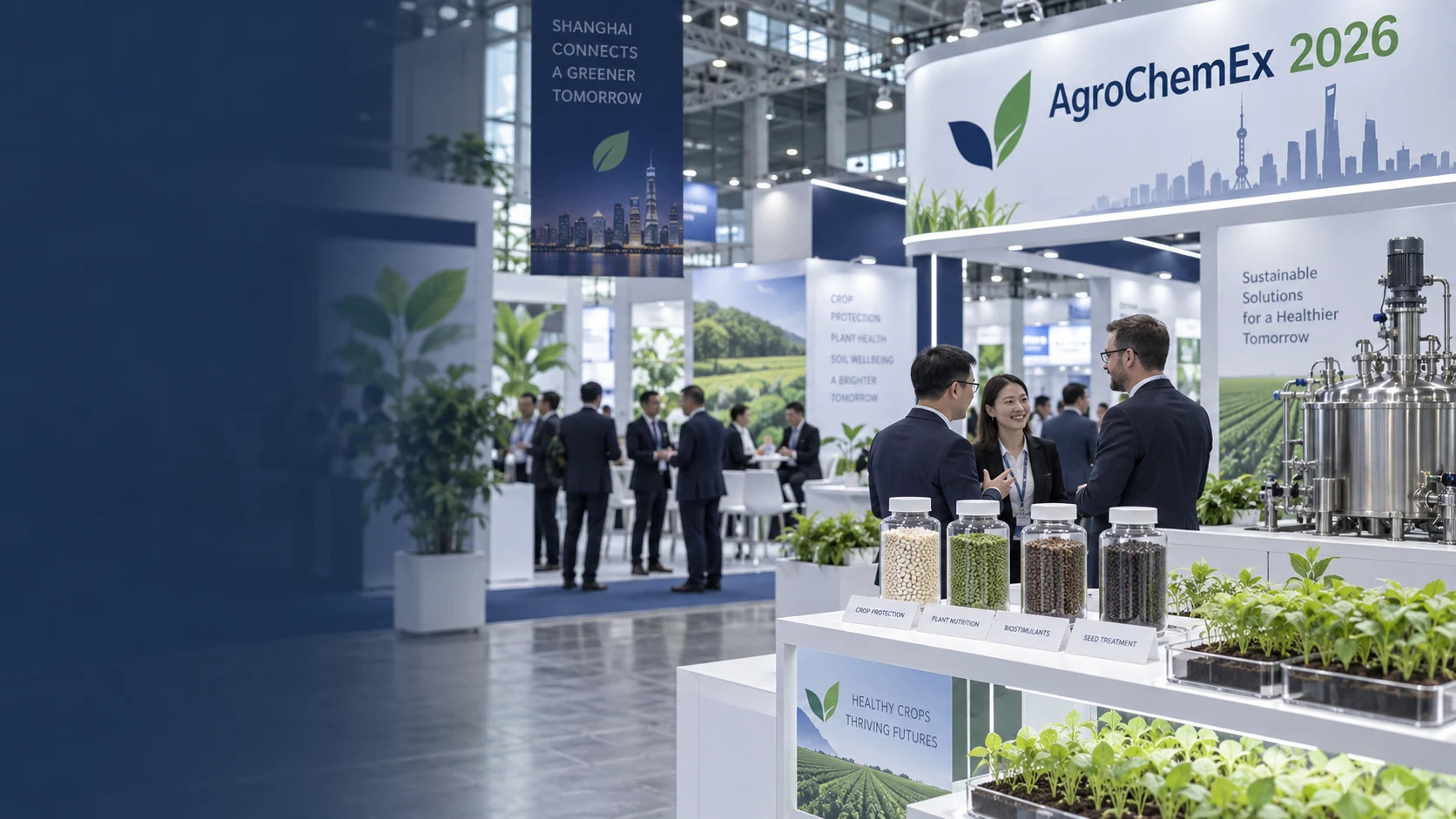 AgroChemEx 2026 exhibition hall with crop-science displays and process equipment