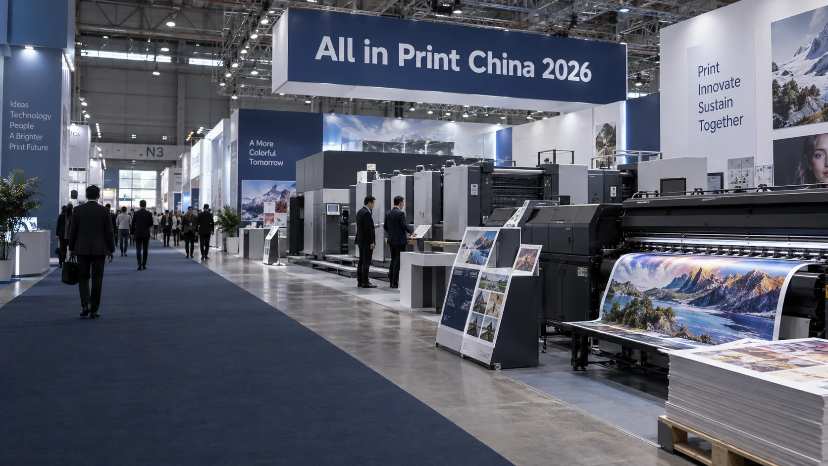 Pabellón de All in Print China con equipos de impresión y muestras impresas