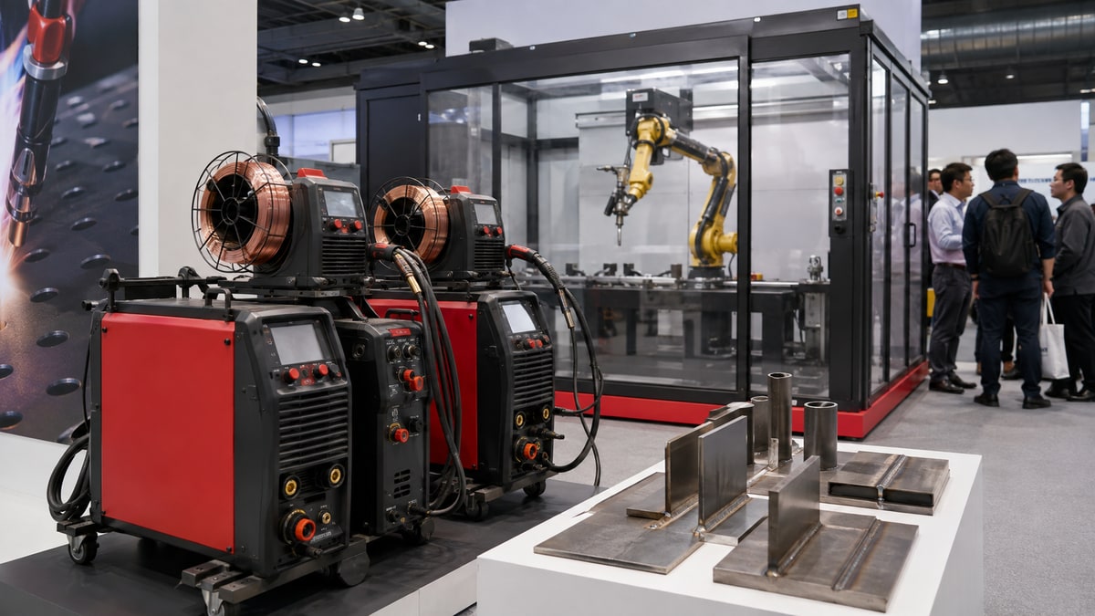 Welding power sources, wire reels and joint samples beside a guarded robotic welding cell