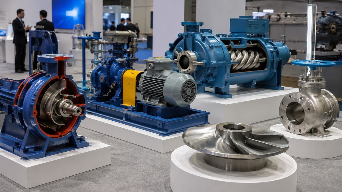 Industrial pumps, impellers, compressors and valves at a fluid-machinery exhibition