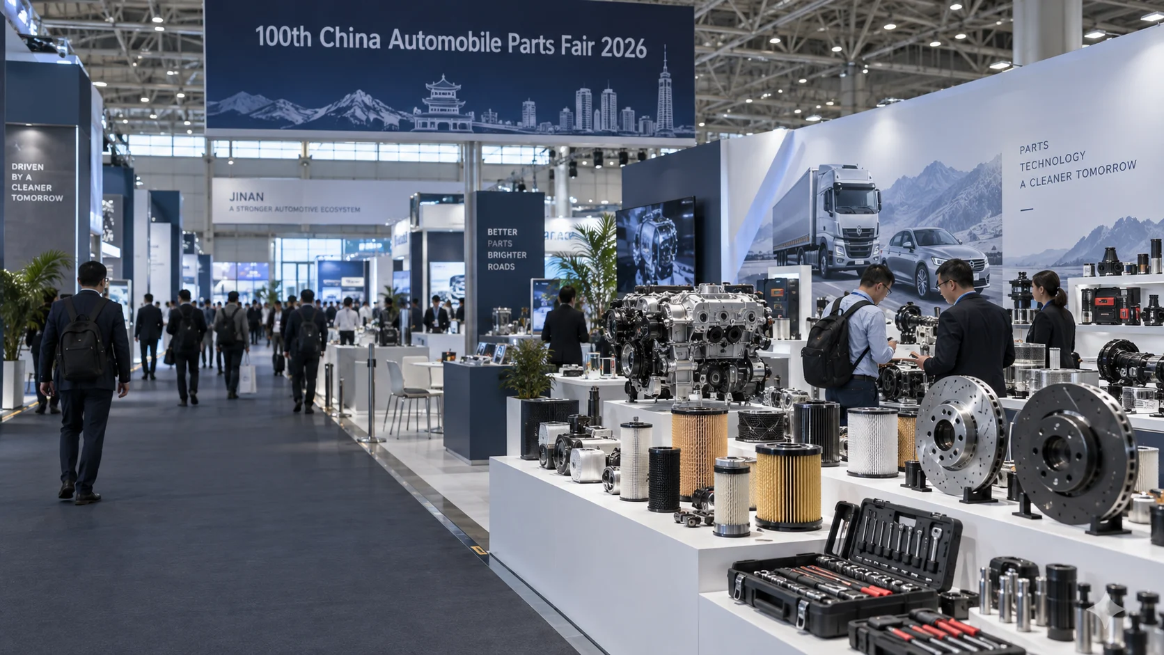 Componentes de motor, filtros, freios e ferramentas expostos na China Automobile Parts Fair
