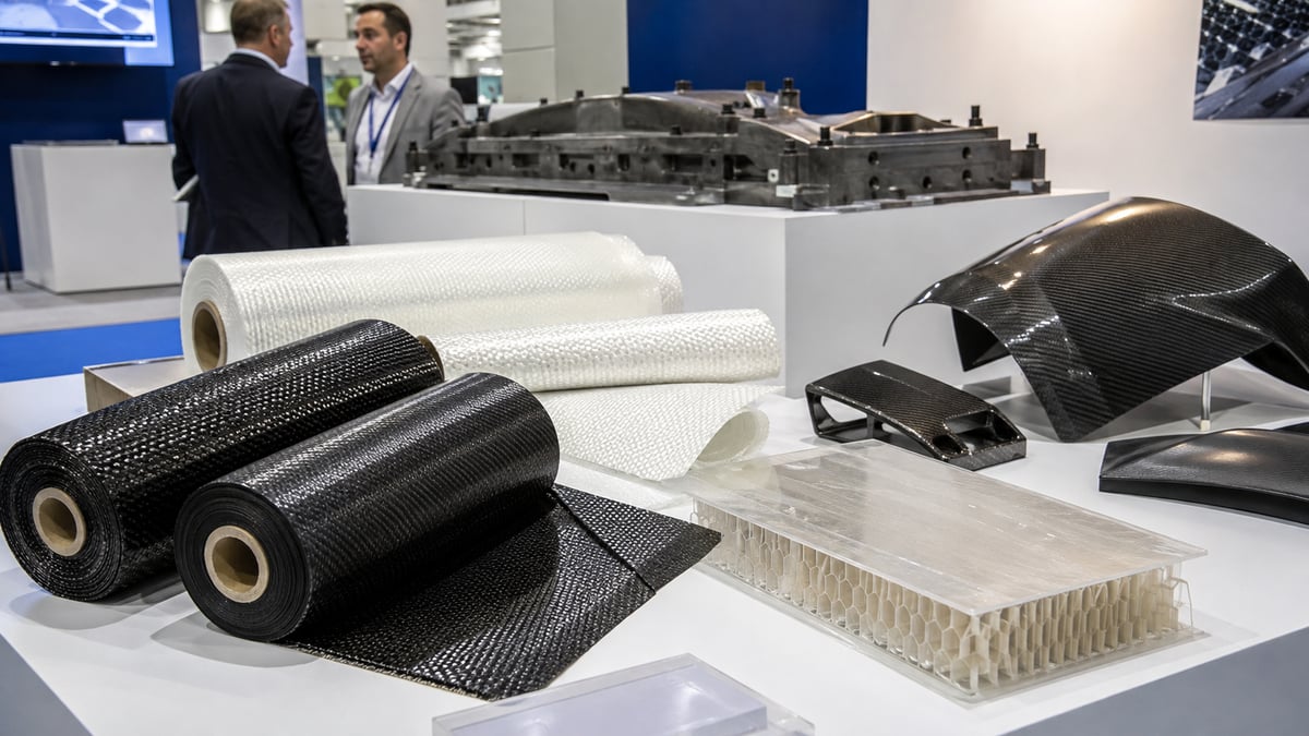 Carbon-fiber and glass-fiber rolls, a honeycomb sandwich panel and finished composite components at an exhibition