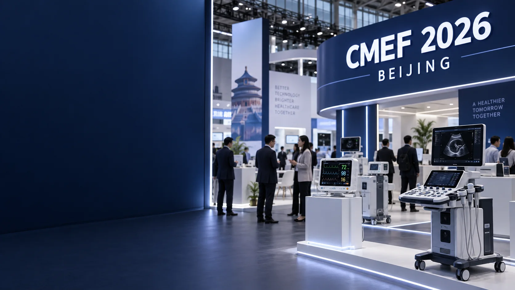 Pabellón de CMEF Beijing con equipos de ecografía y monitorización