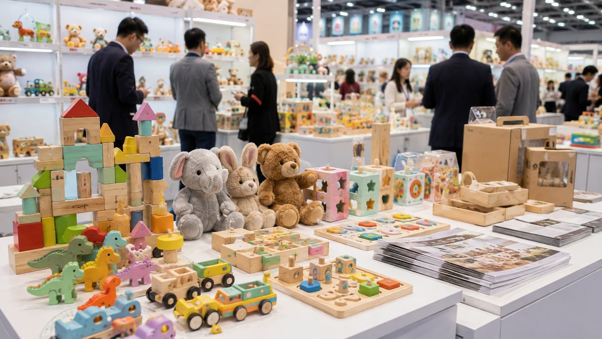 Wooden toys, plush animals and educational toy samples on exhibition displays