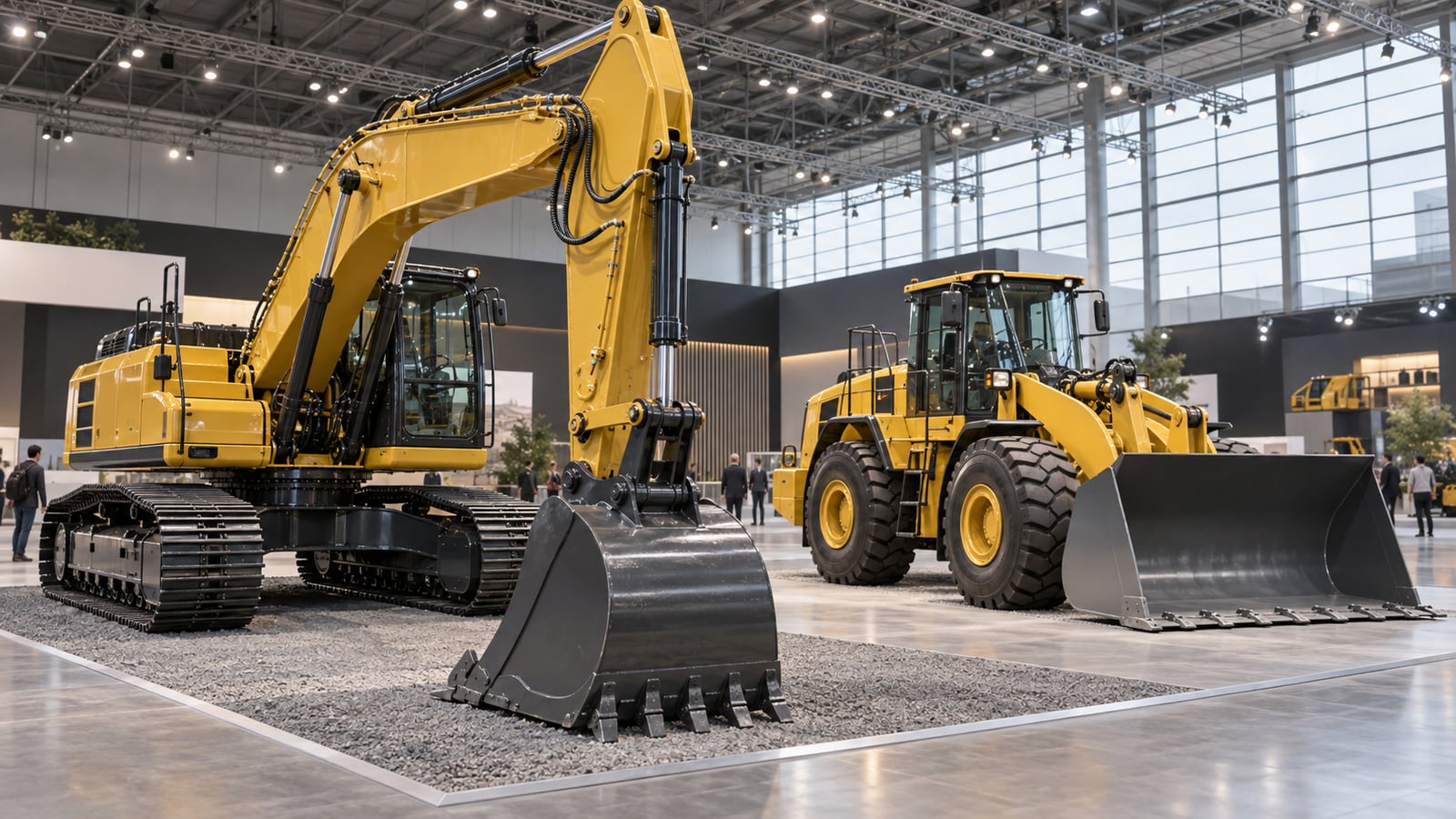 Excavator and wheel loader with steel buckets at a construction-equipment exhibition