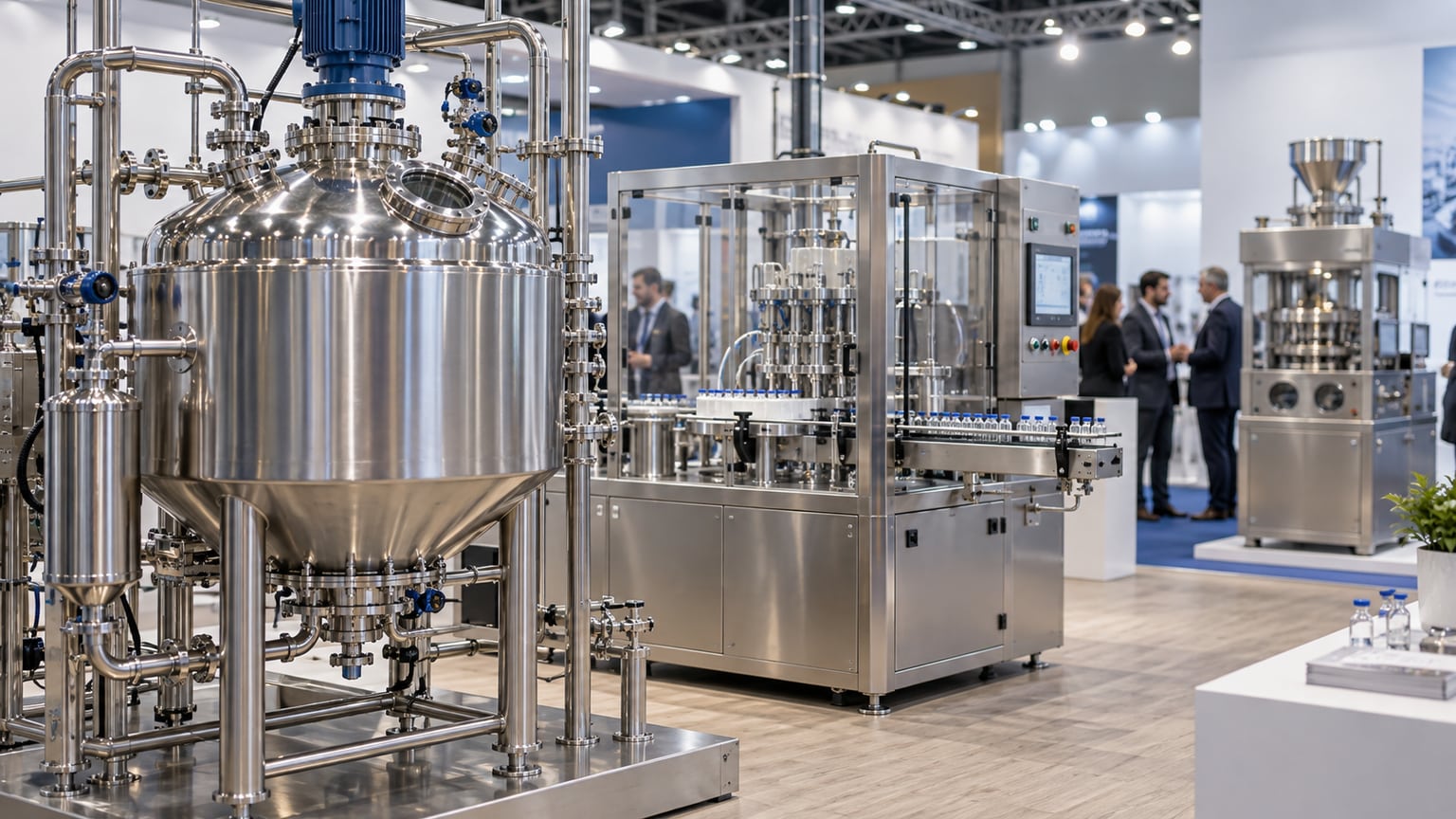 Stainless-steel pharmaceutical processing vessels and enclosed vial-filling equipment at a machinery exhibition