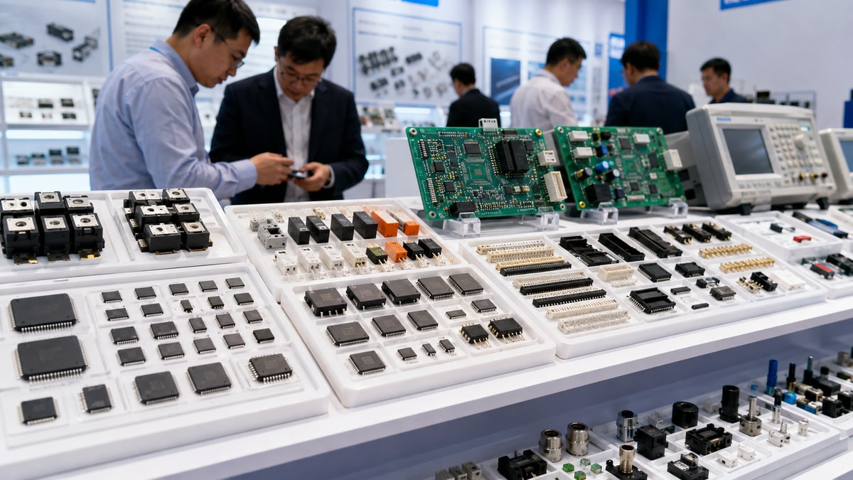 Semiconductors, connectors, relays, sensors and circuit boards displayed at an electronic-components exhibition