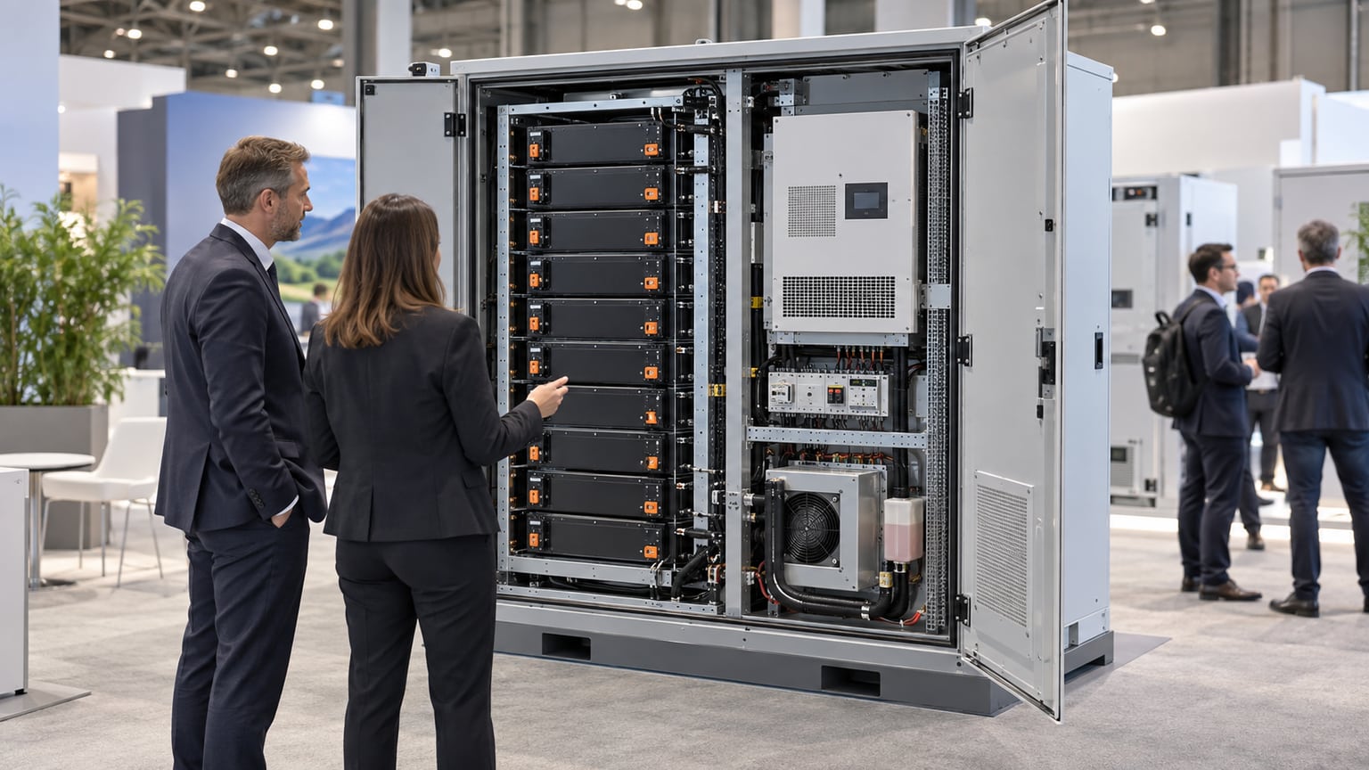 Battery energy storage cabinets, modules and power conversion equipment displayed at an exhibition