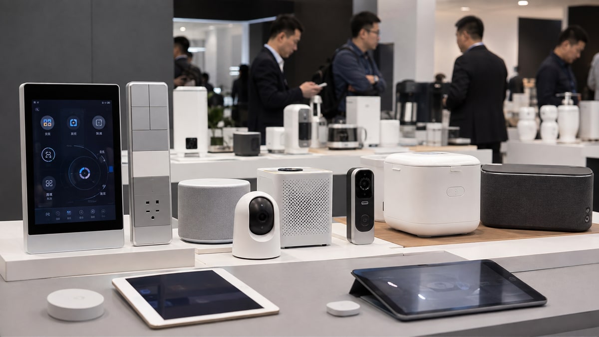 Connected-home controls, speakers, small appliances, cameras and tablets in an electronics exhibition