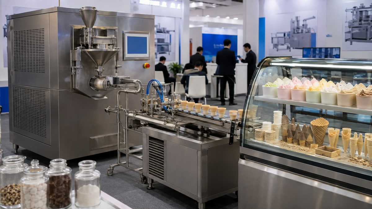 Ice cream processing and filling equipment beside frozen dessert samples