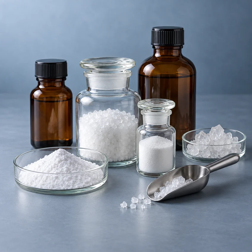 Sealed chemical sample jars, amber bottles and crystalline material
