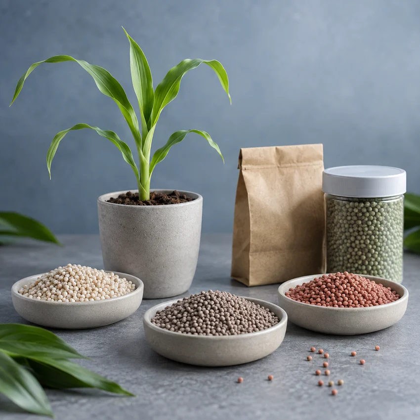Granular fertilizer samples and a young crop seedling