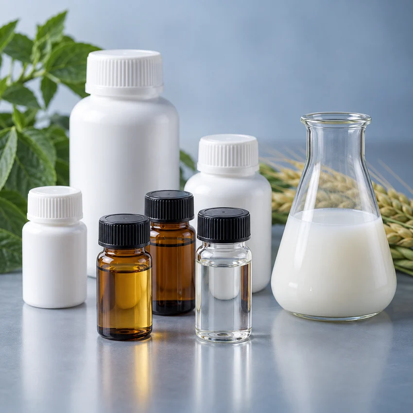 Agrochemical formulation bottles, capped vials and milky emulsion