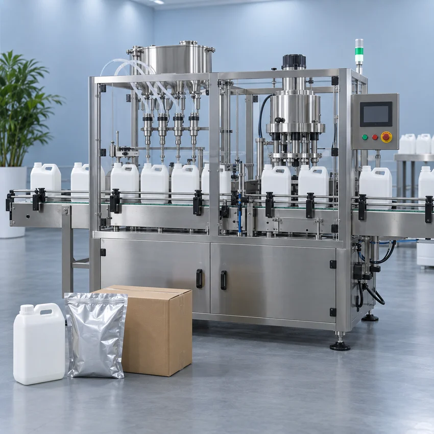 Industrial filling and capping line with bottles and packaging materials