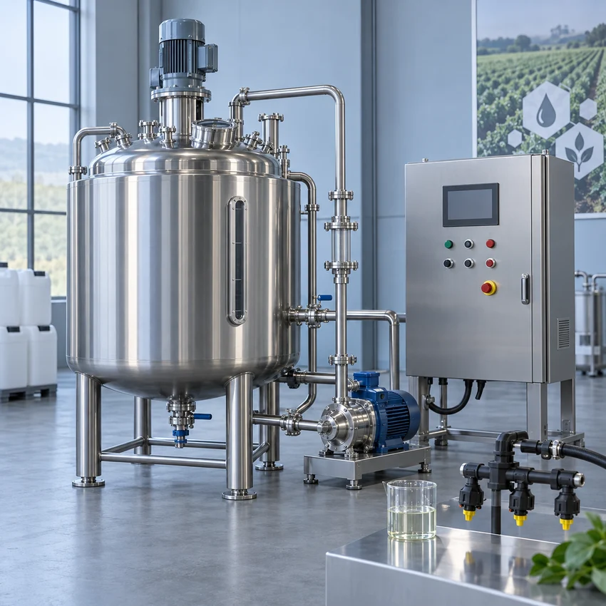 Stainless-steel mixing vessel, pump and spray nozzle assembly