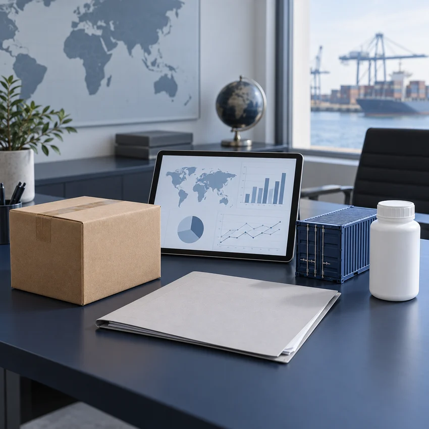 Trade planning desk with shipping documents and a sample parcel
