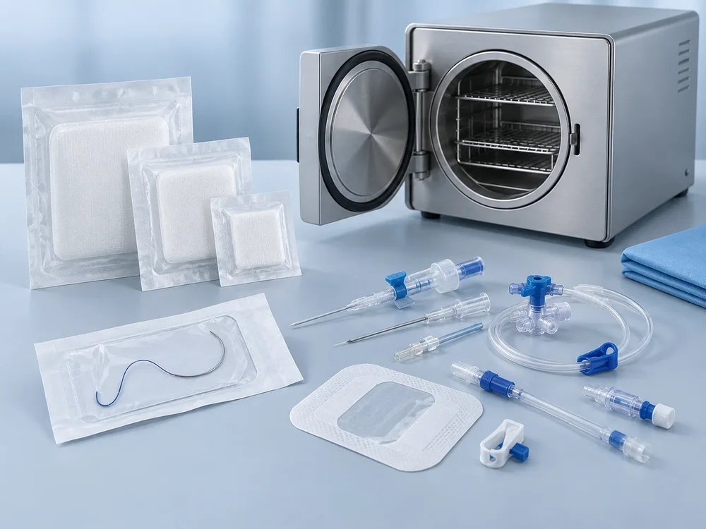Apósitos envasados, suturas, material de acceso vascular y autoclave de sobremesa