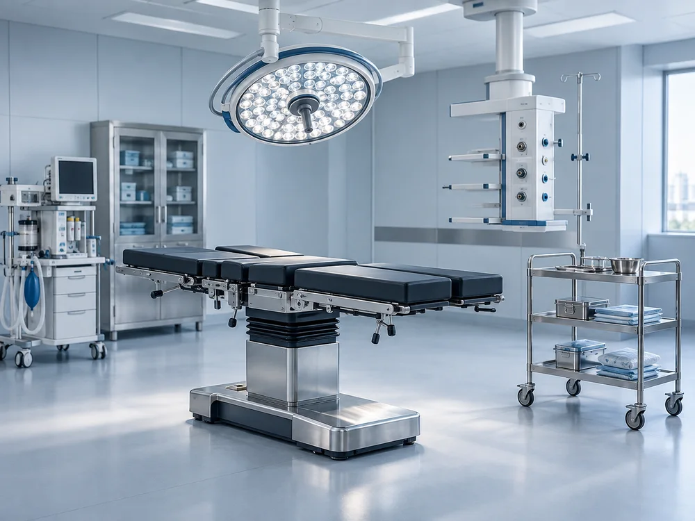 Mesa de operaciones, lámpara quirúrgica, columna suspendida y carro hospitalario
