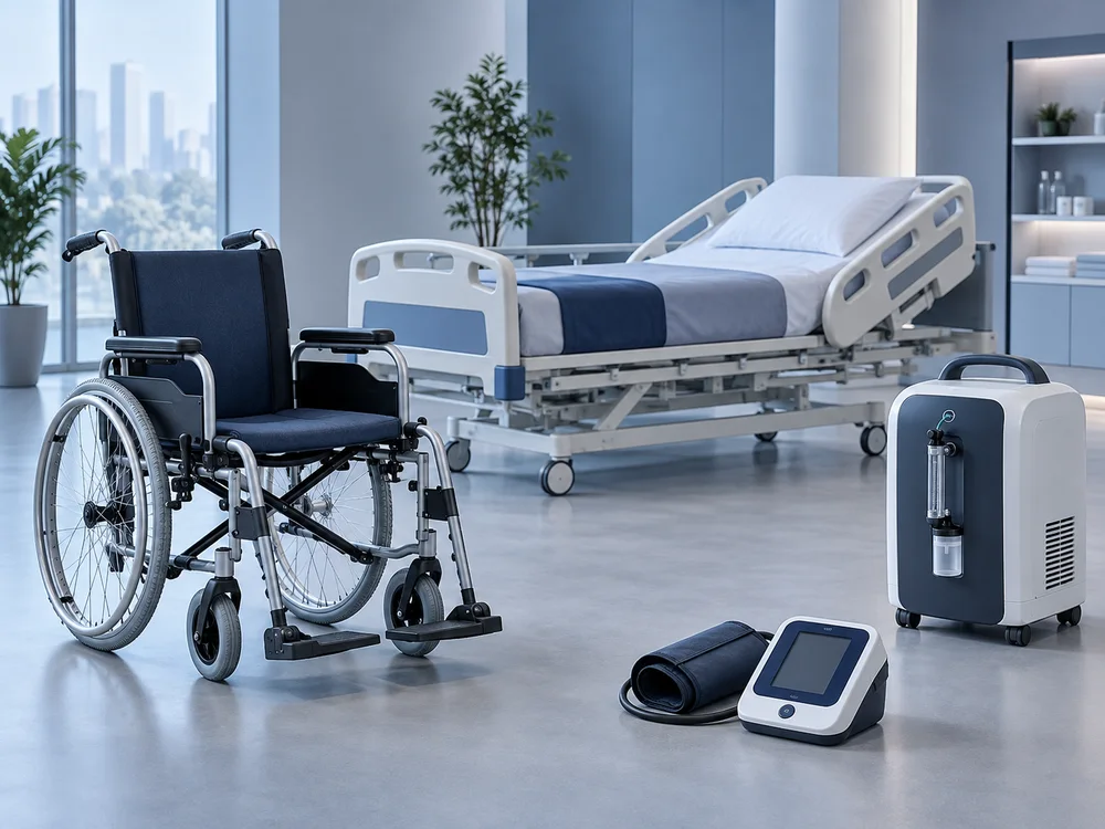 Silla de ruedas, cama asistencial, concentrador de oxígeno y tensiómetro
