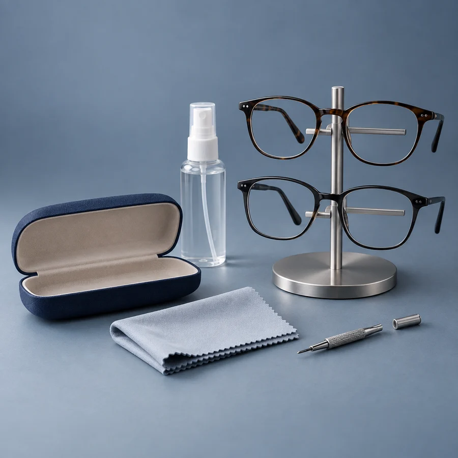 Estuche de gafas, paño, spray de limpieza y expositor