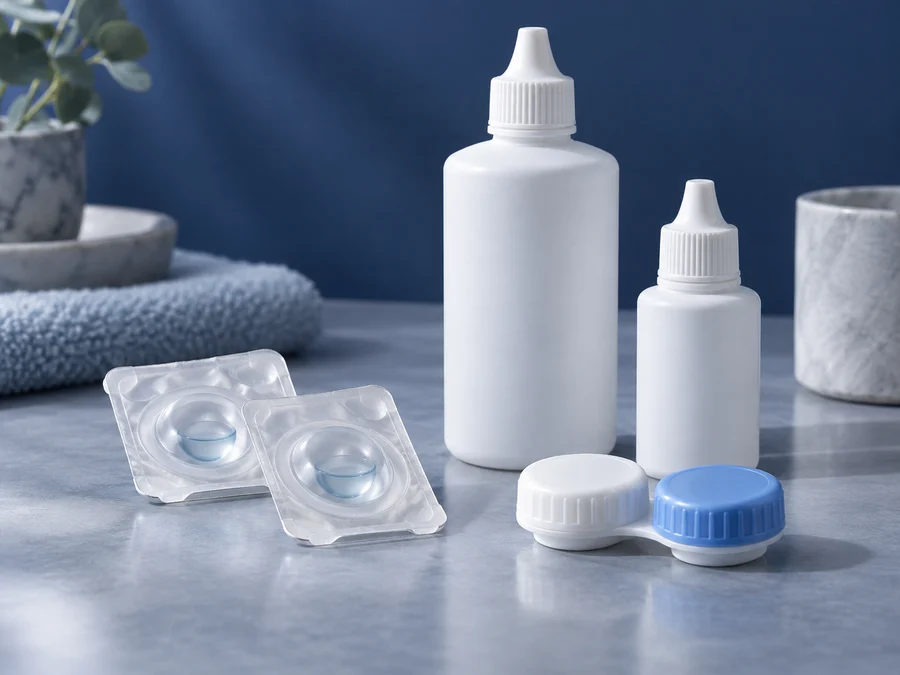 Estuches, productos de cuidado y lentes de contacto blandas
