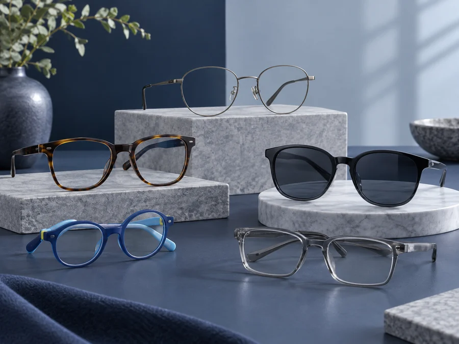 Monturas y gafas de sol dispuestas para su comparación