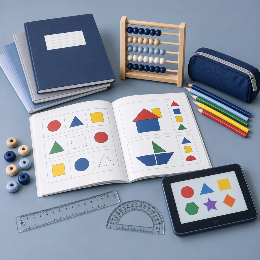 Cuadernos escolares, ábaco, material de geometría y tableta educativa