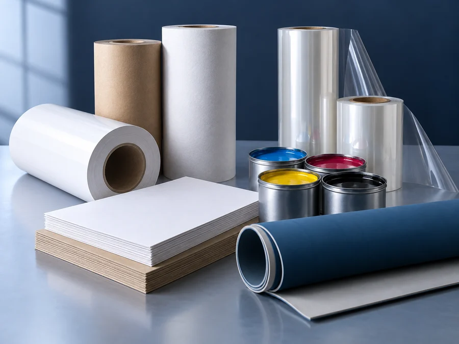 Bobinas de papel, cartón, película de laminado, tintas y mantilla