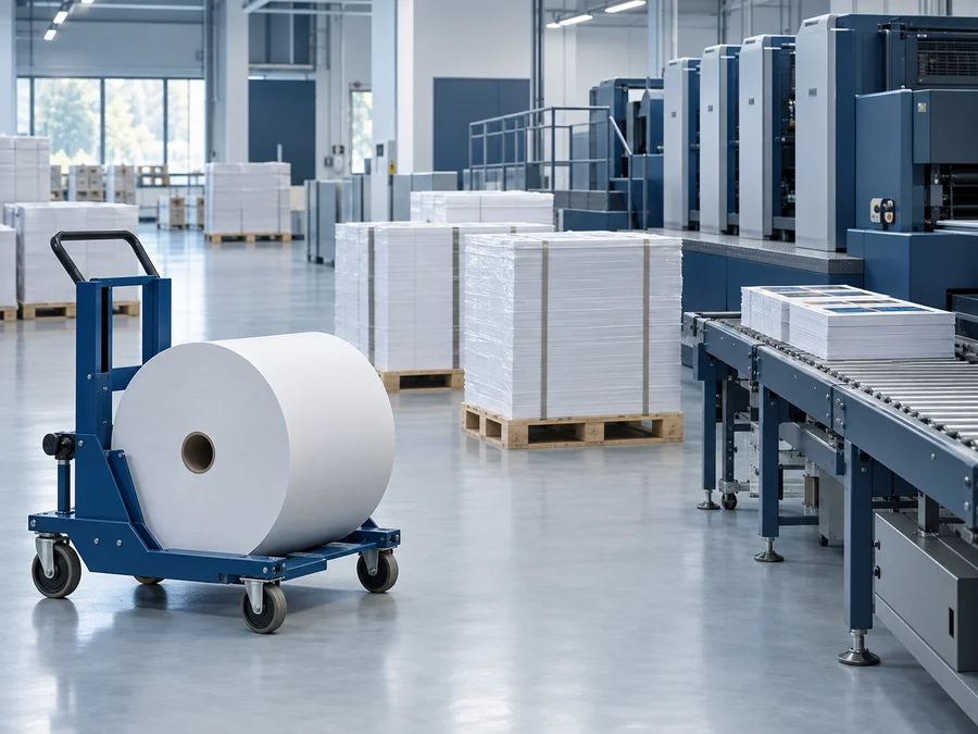 Equipos de manipulación de papel y transportadores en una planta gráfica