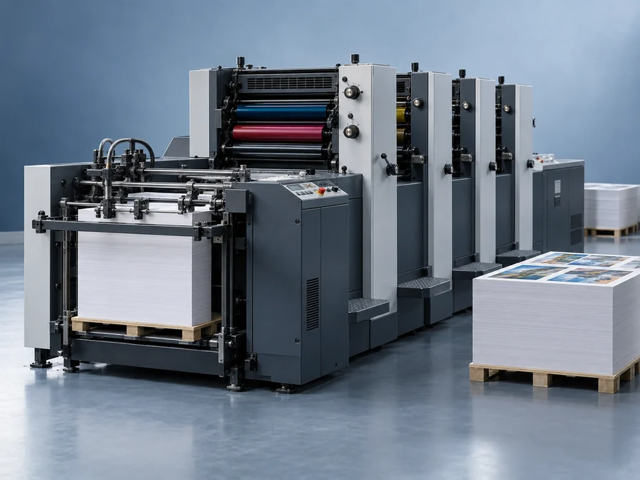 Prensa industrial con alimentador de hojas y pilas de papel impreso