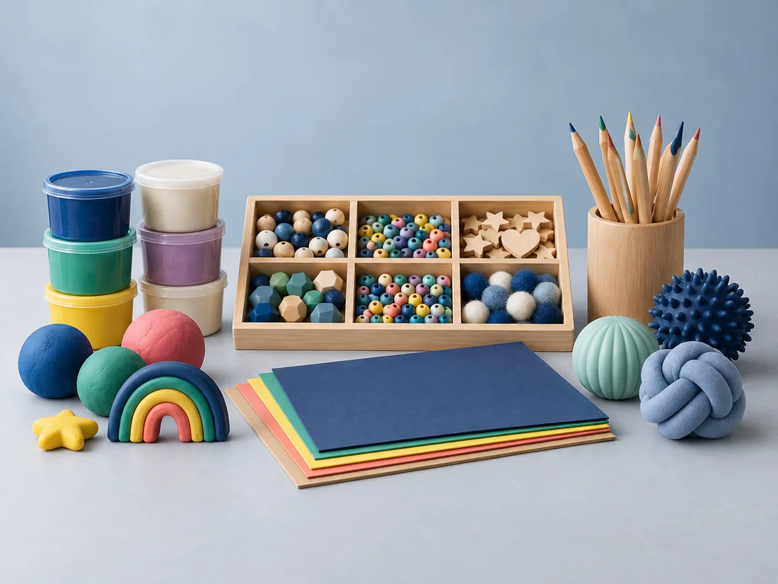 Materiales creativos, lápices de colores y artículos de manualidades