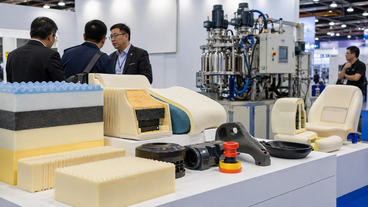 Polyurethane foam sections and moulded components beside metering and mixing equipment