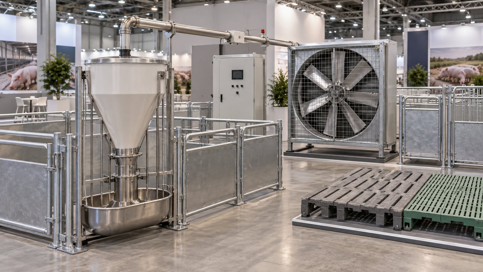 Pig-farming feed equipment, ventilation fan and slatted flooring displayed in an exhibition hall