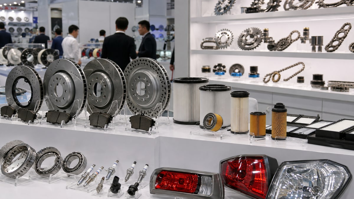 Brake discs, filters, bearings, vehicle lights and drivetrain parts displayed for sourcing buyers
